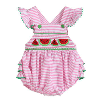 Pink Striped Watermelon Smocked Bubble Romper - Lil Cactus
