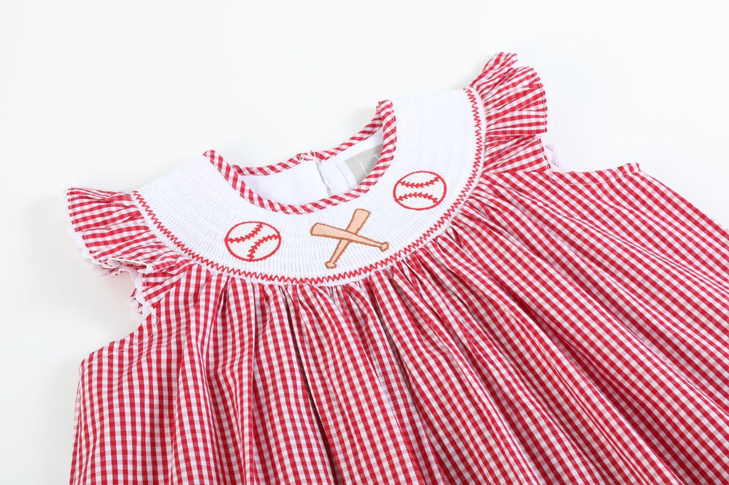 Red Gingham Baseball Smocked Bishop Dress - Lil Cactus