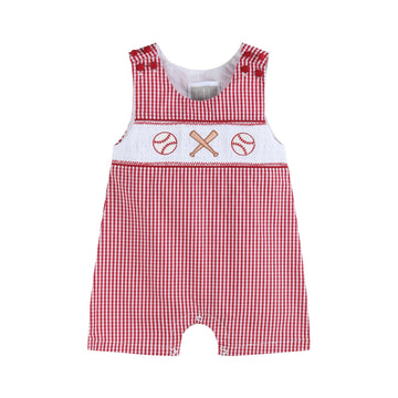Red Gingham Baseball Smocked Shortalls - Lil Cactus