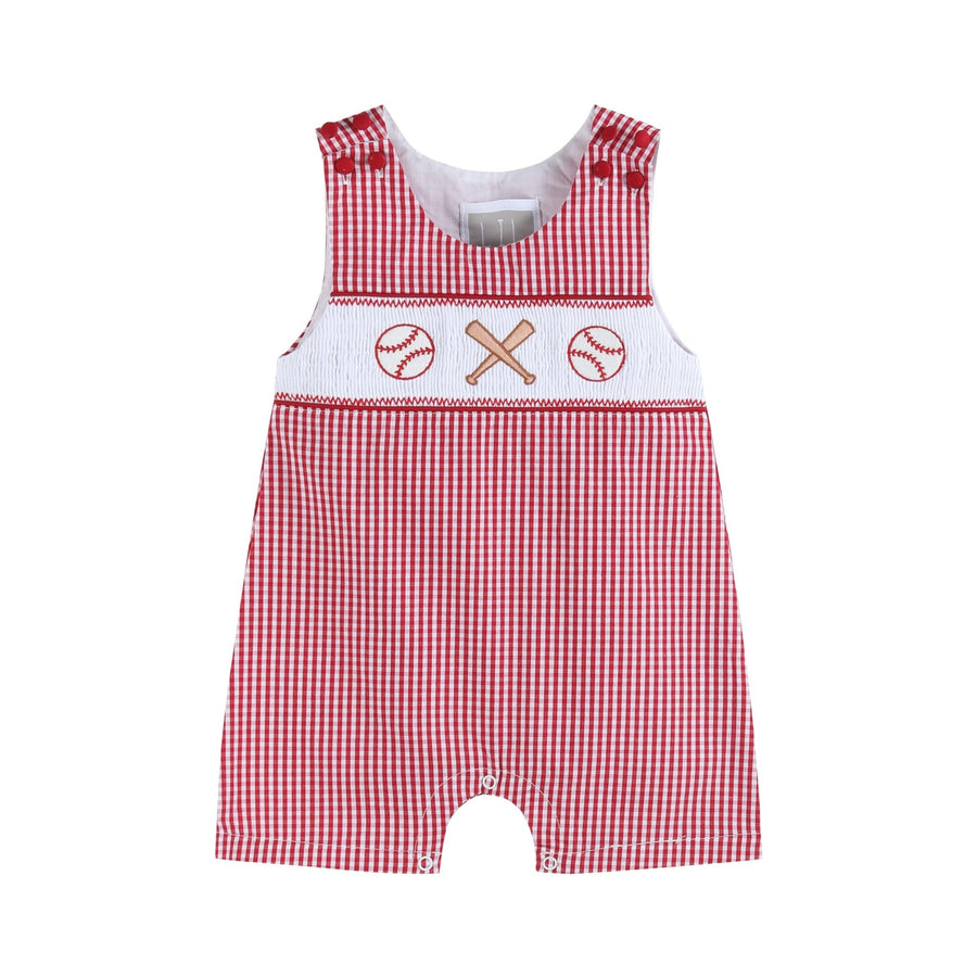 Red Gingham Baseball Smocked Shortalls - Lil Cactus