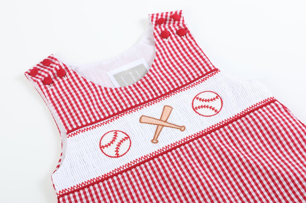 Red Gingham Baseball Smocked Shortalls - Lil Cactus