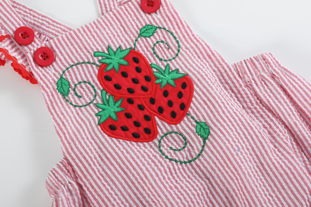Red Seersucker Strawberry Ruffle Romper - Lil Cactus