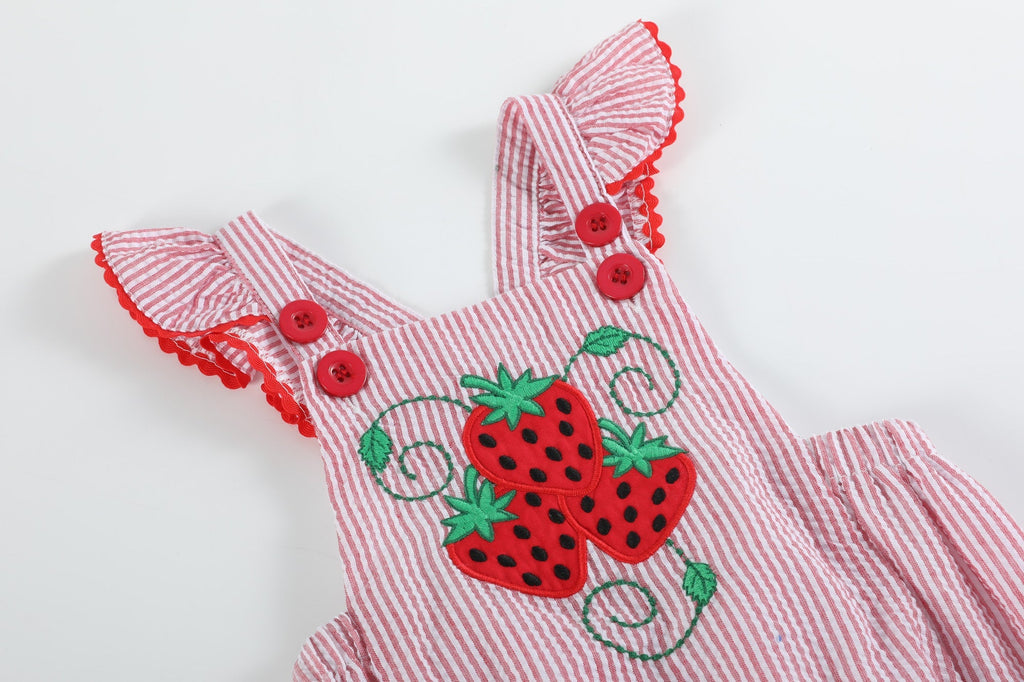 Red Seersucker Strawberry Ruffle Romper - Lil Cactus