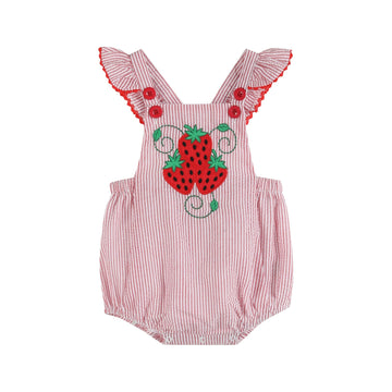 Red Seersucker Strawberry Ruffle Romper - Lil Cactus