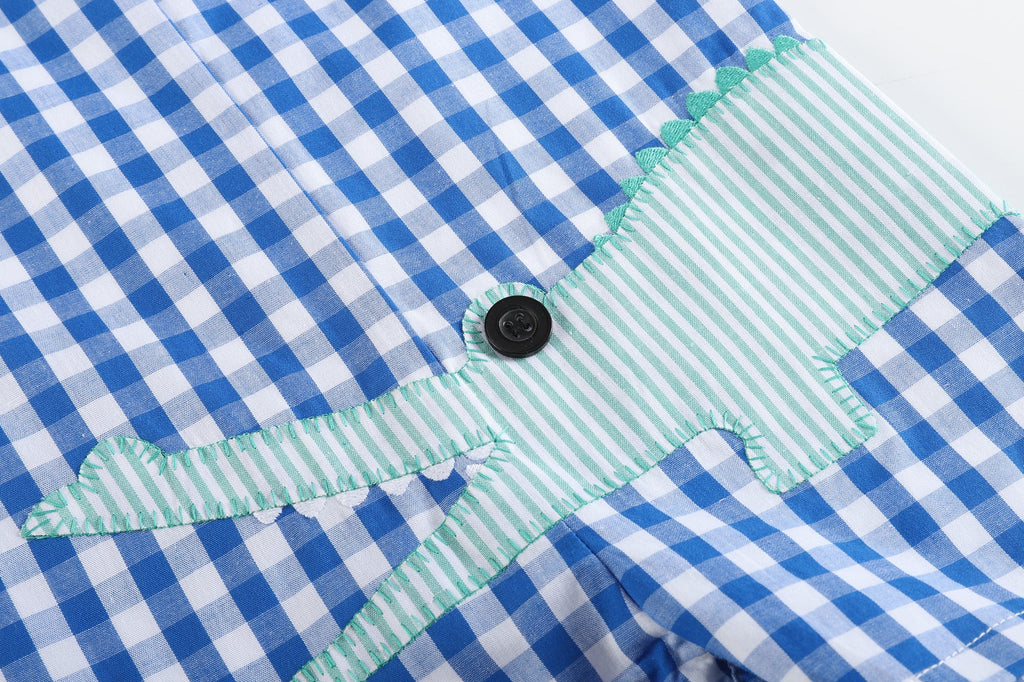 Royal Blue Gingham Alligator Applique Shortalls - Lil Cactus