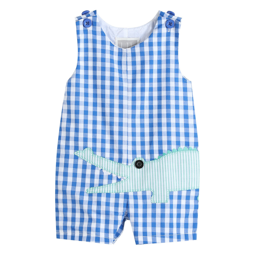 Royal Blue Gingham Alligator Applique Shortalls - Lil Cactus