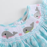 Turquoise Gingham Whale Smocked Flutter Bubble Romper - Lil Cactus