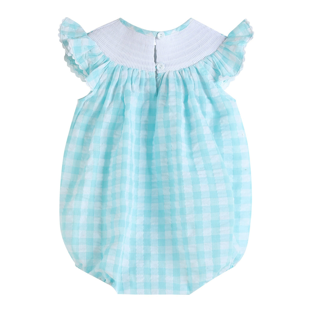 Turquoise Gingham Whale Smocked Flutter Bubble Romper - Lil Cactus