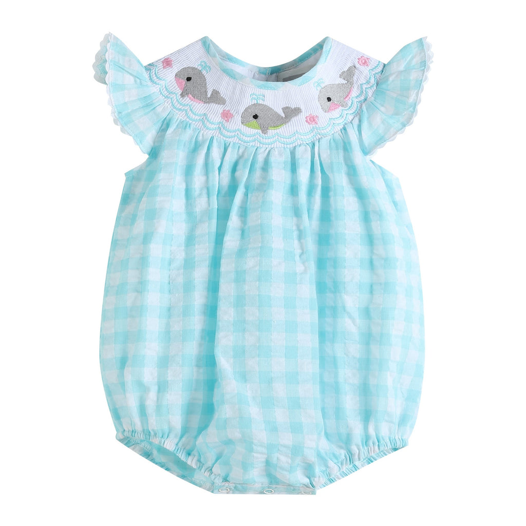 Turquoise Gingham Whale Smocked Flutter Bubble Romper - Lil Cactus