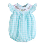 Turquoise Gingham Whale Smocked Flutter Bubble Romper - Lil Cactus