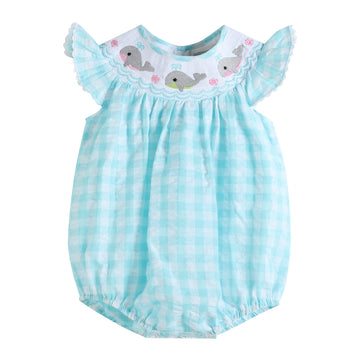Turquoise Gingham Whale Smocked Flutter Bubble Romper - Lil Cactus