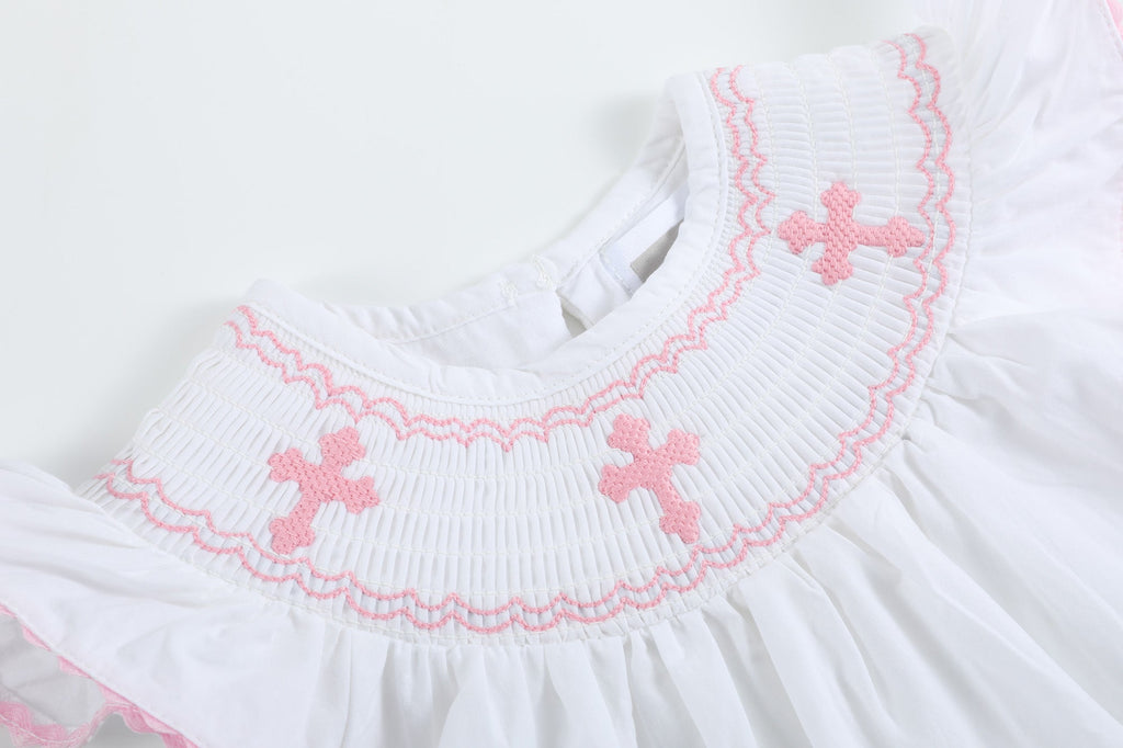 White and Pink Cross Smocked Dress and Bloomer Set - Lil Cactus