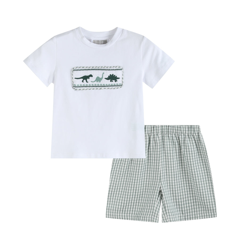 White Dinosaur Smocked Tee and Green Gingham Shorts Set - Lil Cactus