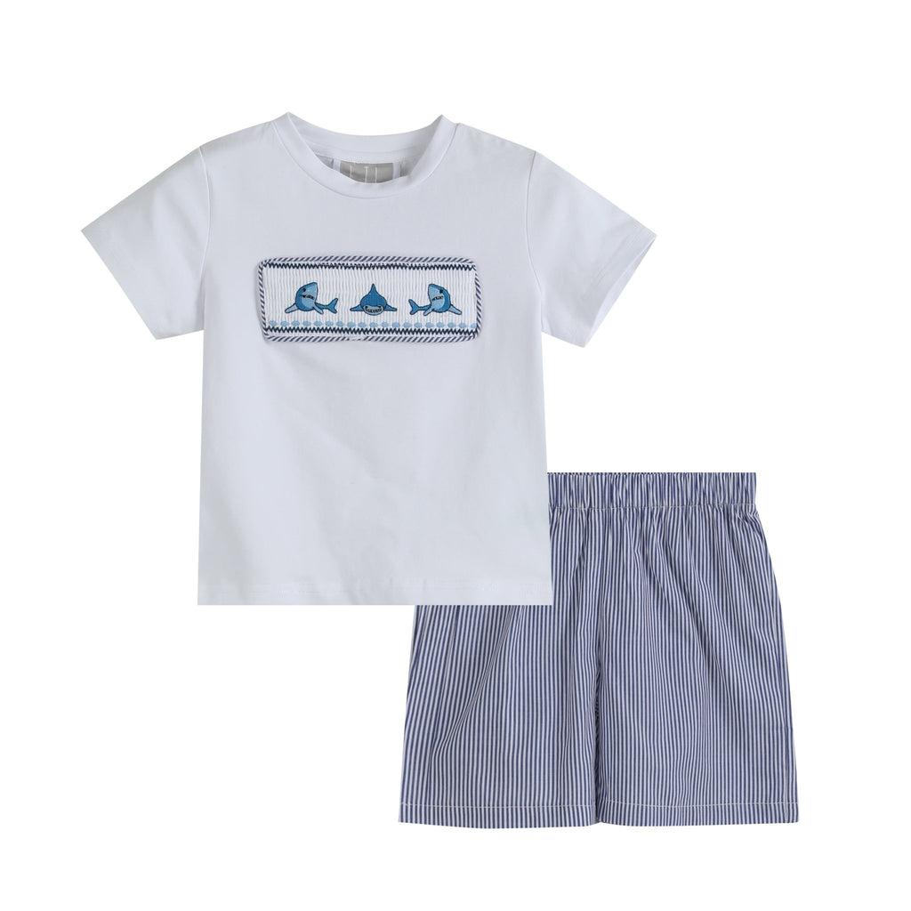White Shark Smocked Tee and Navy Stripe Shorts Set - Lil Cactus